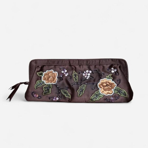Avon Handbags - Avon Brown Floral Satin Beaded Evening Clutch Zipper Purse Vintage 10" x 4"